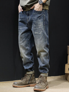 Yingtang straight jeans men's loose spring and autumn casual harem pants men's elastic distressed washed large size 28 90-105jin jin is equal to 0.5 kg