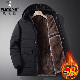 Woodpecker cotton coat for middle-aged and elderly men, cotton padded coat with velvet and thickening, men's jacket, winter daddy padded jacket, warm and thick winter coat, black and velvet style 2xl