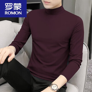 Romon modal half-high collar long-sleeved t-shirt for men in autumn and winter plus velvet warm bottoming shirt with mid-collar autumn coat for men modal-burgundy l 120~135jin jin equals 0.5kg slim fit