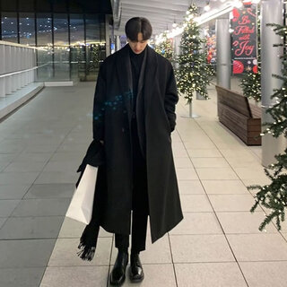 Chao xiden ветровка мужская средней длины весной и осенью нового стиля двубортное длинное пальто выше колена модное свободное пальто большого размера для мужчин черного цвета l