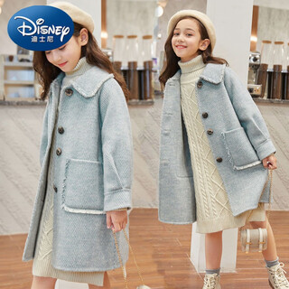 Disney (disney) girls' woolen coat autumn and winter new korean style thick padded woolen coat mid-length fashionable spring and autumn light blue single layer lining 120