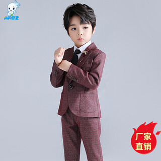 闪闪蓝宝 儿童西装男童礼服花童西服小主持人服装钢琴表演服演出服正装 红色外套+长裤+领带+胸针 100码建议体重26-30斤