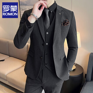 Romon high-end suit men's british style suit business professional formal wear large size loose groom and groomsmen wedding dress dark gray two buttons suit + vest + trousers 2xl (suitable for 135-145 jin jin equals 0.5 kg)