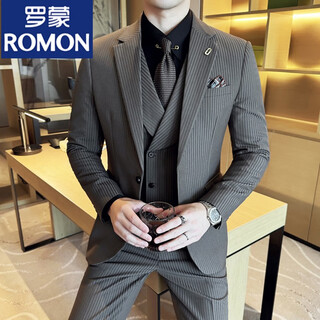 Romon striped suit men's suit business casual korean style slim fashion trend versatile groom wedding suit brown/single-piece suit m