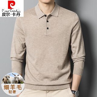 皮尔卡丹（pierre cardin）春秋季羊毛衬衫男士翻领衬衫纯羊毛衬衫打底衫爸爸衣服 花驼 M