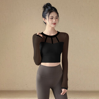 Luluuvttoh yoga clothes for women, autumn and winter sports tops with chest pads, sexy mesh long-sleeved pilates training fitness clothes, black, fixed chest pads m