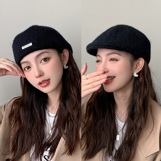 Yufan hat women's autumn and winter retro british style progressive hat versatile two-wear painter's hat women's fashionable face-revealing little beret black