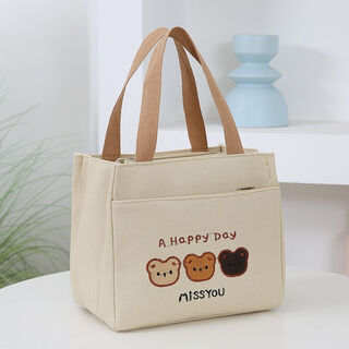 Pengjing chinese valentine's day canvas lunch box handbag canvas bag work lunch box large capacity simple simple office worker student versatile mummy three bears bag khaki