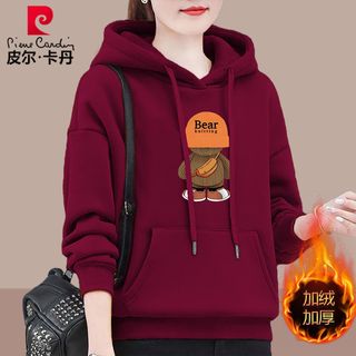 Pierre cardin pure cotton hooded sweatshirt for women 2025 autumn and winter plus velvet casual warm printed versatile loose top jacket burgundy backpack hat 2xl recommended 120-130jin jin equals 0.5 kg