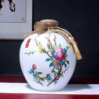 Empty bottle jingdezhen ceramic wine bottle wine jar sealed white wine bottle wine jug wine utensils jar ornament decoration free wine cloth tassel rope 10jin jin is equal to 0.5kg in matte white peony style (with wine cloth tassel)