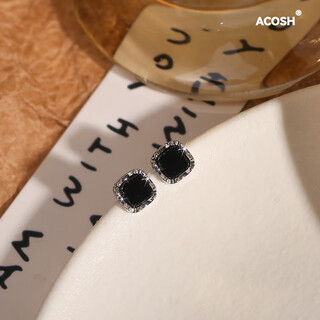 Acosh black square mini earrings, feminine and high-end, birthday gift, pierced ears, no need to take off small earrings when sleeping, silver*black surface, mini small black square earrings