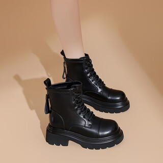 Daphne british style women's boots thick-soled lace-up martin boots for small people, black sweet and cool trendy short boots, black 37