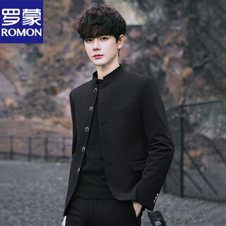 Romon new chinese tunic suit for men, youth trend, national style performance, wedding tang suit, casual blazer, small suit suit, black two-piece suit (top + pants) xl (125-135jin jin is equal to about 0.5 kg)