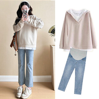 Nanding yage maternity suit autumn and winter new style hooded loose sweater top casual wide leg pants plus velvet thickened two-piece set apricot top + blue jeans 2xl