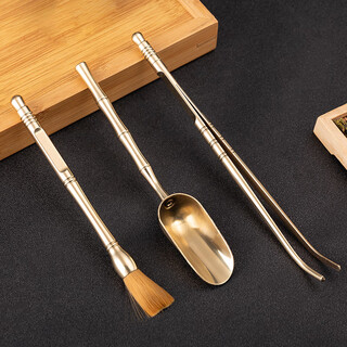 Yijuke 2-piece set of brass alloy tea clips, tea spoon and pot care pen, tea set accessories liujunzi tea tweezers, tea cup clip, 3-piece set of bamboo tea spoon + tea clip + pot care pen