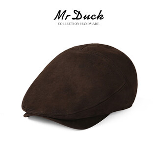 Mr duck imported tanned suede sheepskin peaked cap, high-end genuine leather forward cap for men and women, old money style handmade autumn and winter hat, brown dark coffee (100% sheepskin) l (58-59cm)