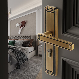 Huili's new chinese style pure copper door lock indoor bedroom magnetic silent door lock solid wood door handle antique retro all copper door lock a style bronze brushed (silent style) 35-50mm left inner with key