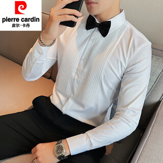 Pierre cardin groom wedding shirt men's long-sleeved fashion pleated dress shirt trendy slim men's wedding banquet performance shirt white xl