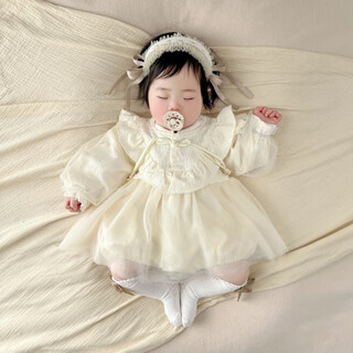 Goofloron baby girl's one-year-old dress, one-month-old baby princess dress for 0-6 months, one-year-old birthday dress, spring and autumn single-piece apricot-colored dress 66 cm