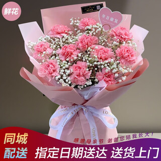 Rose love flower express delivers carnation bouquets in the same city. gift box for mother and elders to visit birthday gifts. 11 pink carnations + white baby's breath. delivery from flower shops in the same city. can make an appointment for delivery on mother's day.