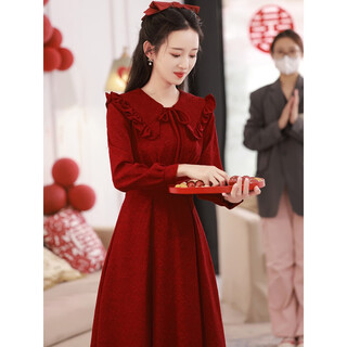 Su luolin 2025 spring autumn and winter new women's long sleeve red dress temperament engagement toast dress burgundy long sleeve l 108-118jin jin is equal to 0.5 kg
