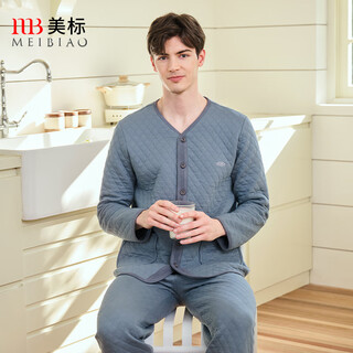 American standard gifts for autumn and winter new couples three-layer thickened quilted pajamas set for women, cotton casual home wear for men, night sea blue m
