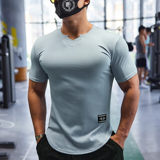Lutielang coach fitness clothes slim fit stretch men's muscle training sports quick-drying short-sleeved t-shirt sky blue m