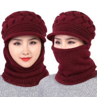 Weilang hat for middle-aged and elderly women winter casual thickened woolen hat plus velvet warm scarf mother hat one-piece