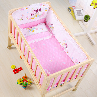 Laughing beile solid wood crib baby cradle bed no paint variable desk can be turned sideways to merge with the adult bed small bed + mosquito net + pink mickey five-piece set