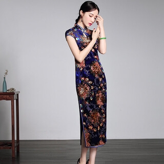 Xiyue new summer style traditional long drop collar slim fit velvet burnout velvet banquet cheongsam dress for women new year blue l (weight 105~115)