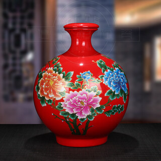 Xindeheng jingdezhen ceramic wine bottle jar 5 jin jin equals 0.5 kg 10 jin jin equals 0.5 kg wine jar wine jar white wine container sealed jar wine pot wine set blue and white flat lid bottle 5 jin jin equals 0.5 kg red peony