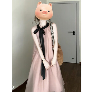 Ershanji 2025 new style french temperament pink suspender halter dress women's summer seaside vacation fairy beach long dress halter dress streamer pink m (recommended 90-110 jin jin equals 0.5 kg)