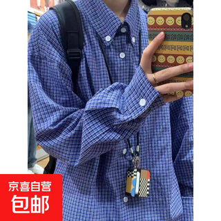 Синяя клетчатая рубашка с длинными рукавами в американском стиле ретро для мужчин, весенне-осенняя свободная клетчатая рубашка с вышивкой в корейском стиле, куртка синего цвета-c216 l