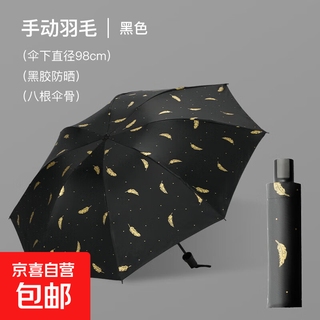 8-bone manual feather pattern umbrella, sun protection and sunshade, women's foldable rain and shine umbrella, vinyl sun umbrella, manual, black feather