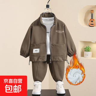 Boys' fleece two-piece suit 2025 new style baby boy autumn and winter sportswear children's casual jacket fleece double pocket suit - military green 100 (recommended height 90-100cm)