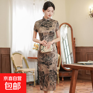 Retro printed improved cheongsam short-sleeved slim dress for young girls with elegant everyday temperament jq12 ink m (105jin jin is equal to within 0.5kg)