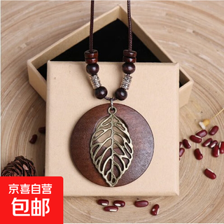 Retro cotton and linen accessories ethnic style wooden alloy leaf pendant long necklace women's sweater chain leaves