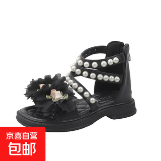 Baby girl roman sandals 2025 spring and summer new children's small flower sandals baby girl roman shoes black 35 / inner length 22cm