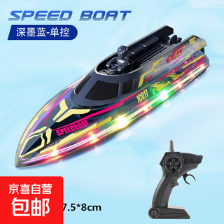 水上灯光遥控船无线高速快艇轮船手势感应电动男孩儿童玩具船模型 【遥控版】炫彩遥控快艇-深墨蓝