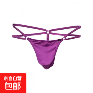 Men's t-string underwear stretch ice silk large pouch double-strap thong underwear with ring sexy underwear men's t-pants breathable purple s
