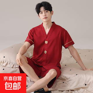 Pure cotton couple pajamas women's summer short-sleeved suit for wedding newlyweds men's zodiac year summer red home clothes z58645 cardigan cartoon bear men's xl (recommended 120-140jin jin equals 0.5 kg)