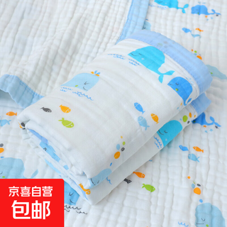 Baby bath towel class a pure cotton gauze water-absorbent newborn super soft children's summer cool quilt for bathing newborn cotton blanket six-layer wide edge blue whale 110cm*110cm 3 (stretch)