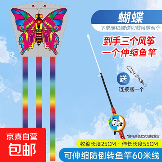 儿童专用钓鱼竿小风筝手持迷你新款微风易飞卡通户外玩具潍坊风筝 蝴蝶-手持鱼竿(含线)+风筝*2