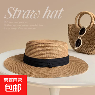 Sun protection sun hat summer 2024 new french flat top straw hat women's big head seaside beach hat knitted card black hat 1