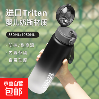 Tritan plastic water cup large capacity back-to-school cup men's sports and fitness portable kettle anti-fall students tritan material black 1050ml-free tea compartment