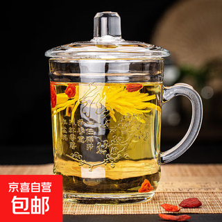 Household heat-resistant glass cup, high temperature resistant and explosion-proof office hospitality cup, chess and card room tea cup with lid and handle, fu character tea cup (with lid) 380ml 1 piece