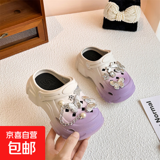 Children's sandals, girls' clogs, sandals, non-slip toe-cap slippers, 2025 summer new color-blocking beach shoes, purple butterfly stars, size 32-33, inner length 20cm