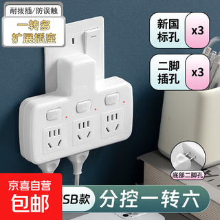 【京东快递】多功能插座小米同款多孔插头转换器带夜灯USB充电接线板排插排办公宿舍独立开关 白色【一转三】2500W