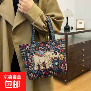 Bags for women, ethnic style embroidered handbags, literary retro shoulder bags, large-capacity embroidered handbags, tote bags, elephant in the sea of flowers/