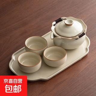 2025 new ru kiln kung fu tea set home light luxury high-end hand-caught pot chinese-style teapot tea cup ru kiln hand-grabbed pot + 3 cups + tray